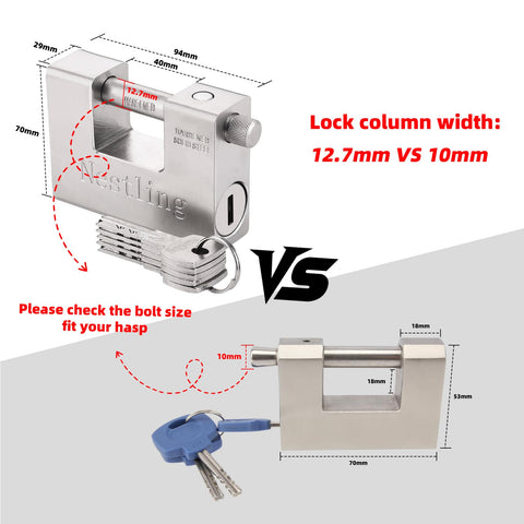 Nestling D-shaped padlock showing hardened shackle for gate security.