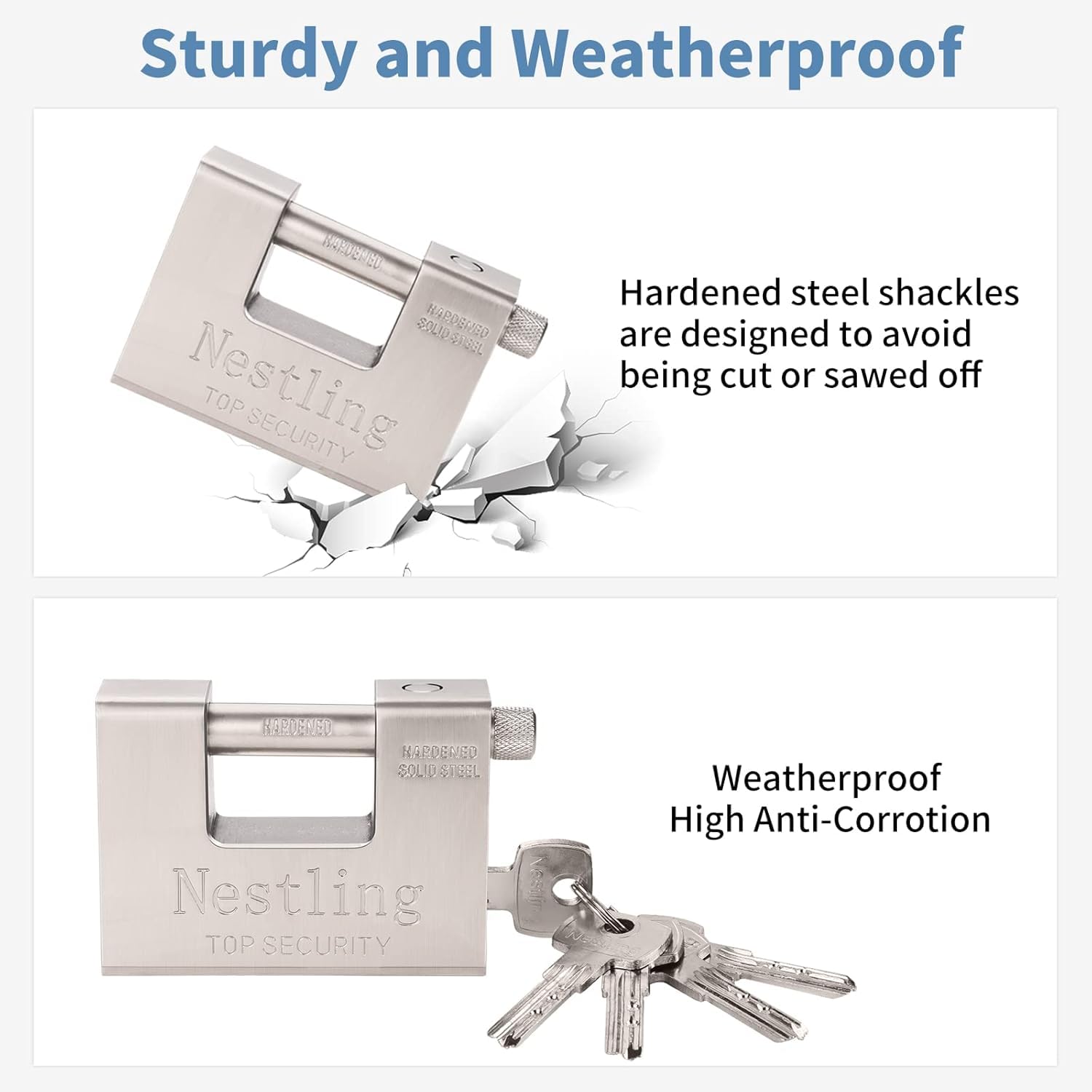Nestling heavy-duty padlock with hardened shackle for high-security areas.