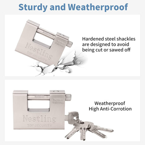 Nestling heavy-duty padlock with hardened shackle for high-security areas.