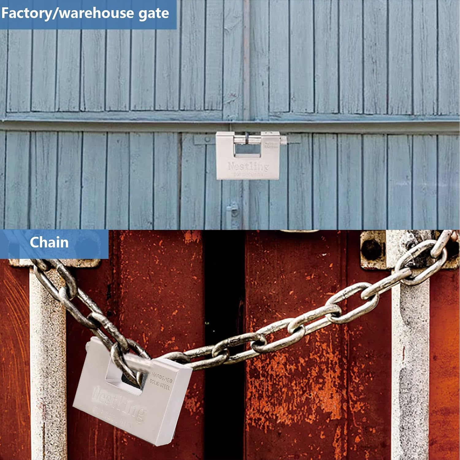 Nestling weatherproof padlock designed for outdoor use and corrosion resistance.