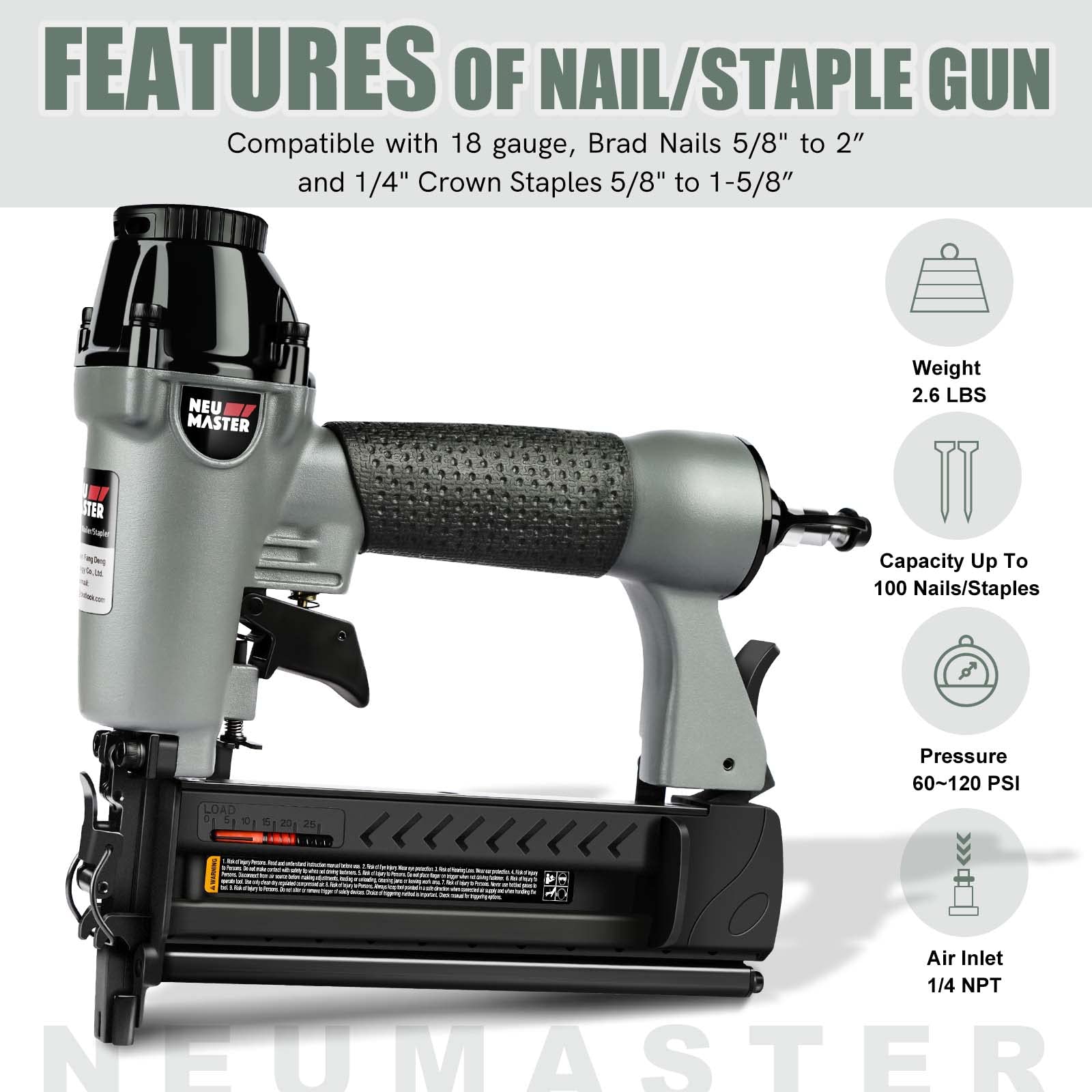 NEU MASTER 2-in-1 nail gun with tool-free settings for quick adjustments.
