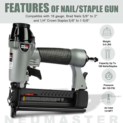 NEU MASTER 2-in-1 nail gun with tool-free settings for quick adjustments.