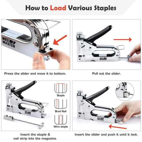 NEU MASTER 3-in-1 staple gun bottom-loading for easy reloading.