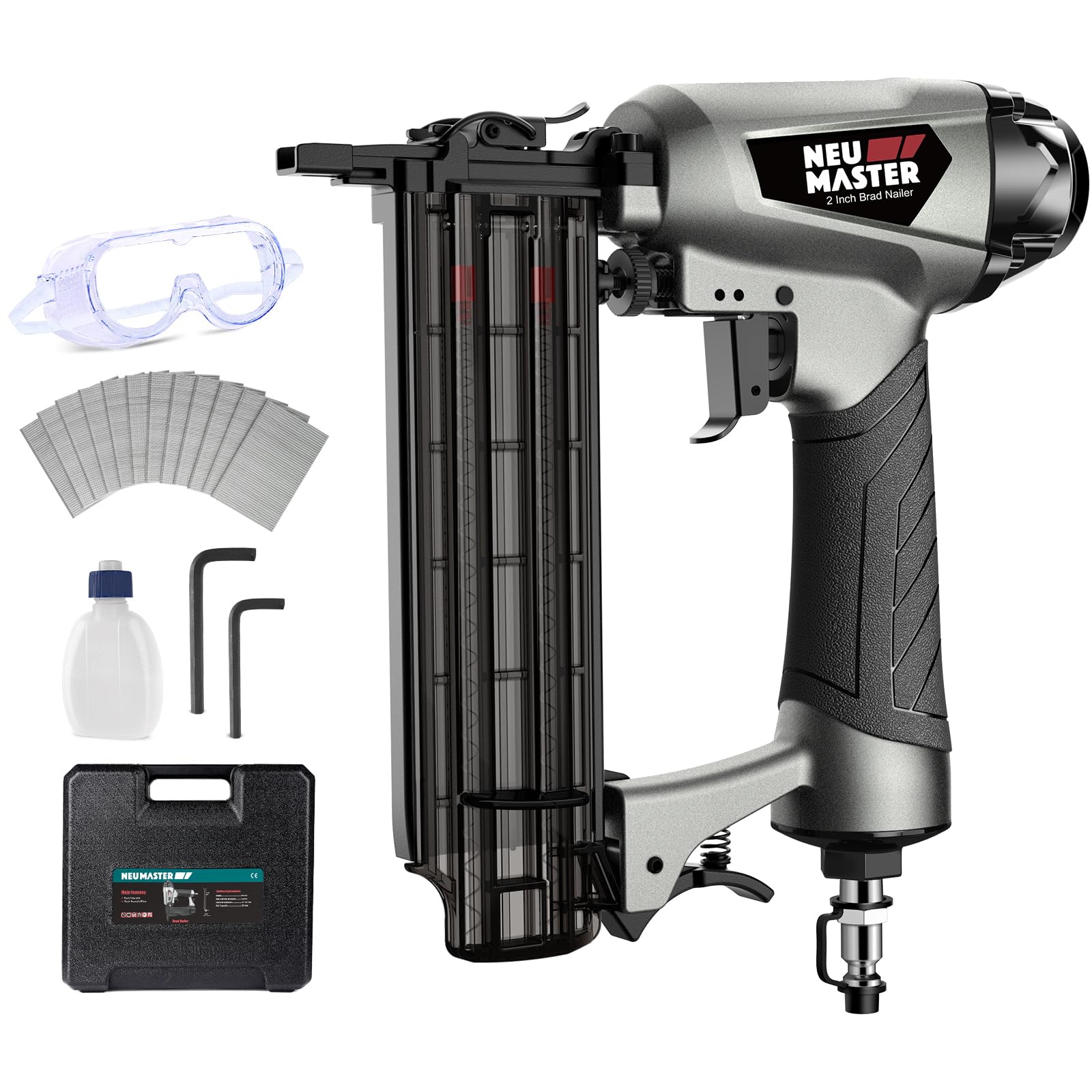NEU MASTER Brad Nailer with carrying case for tidy on-site transport.
