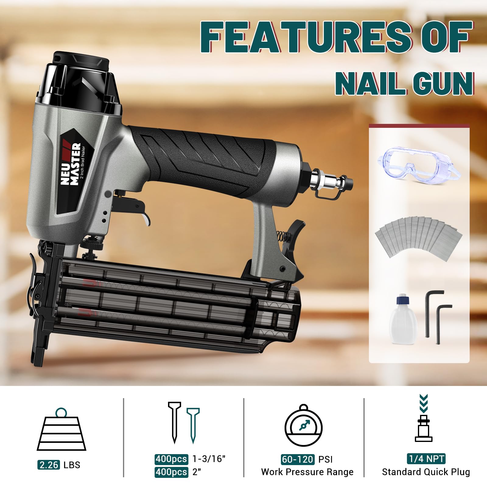 NEU MASTER Brad Nailer with safety glasses for safer woodworking.