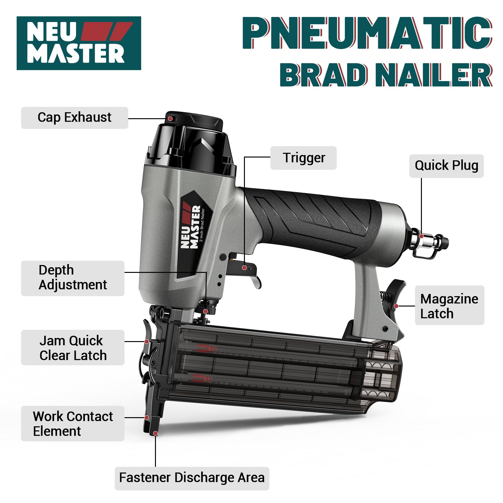 NEU MASTER brad nails set enables driving 5/8-inch to 2-inch nails.