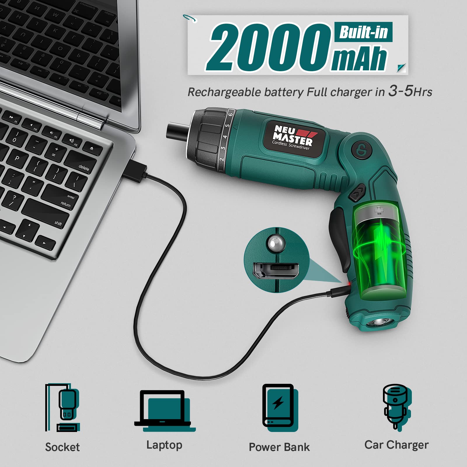 NEU MASTER 2000mAh battery powers many screws on a single charge.