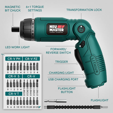 NEU MASTER 30-piece bit set supports a wide range of screw types.