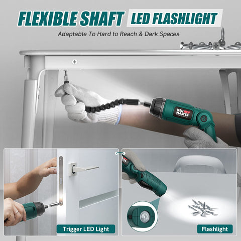 NEU MASTER cordless screwdriver dual LED light improves visibility for precise screwdriving.