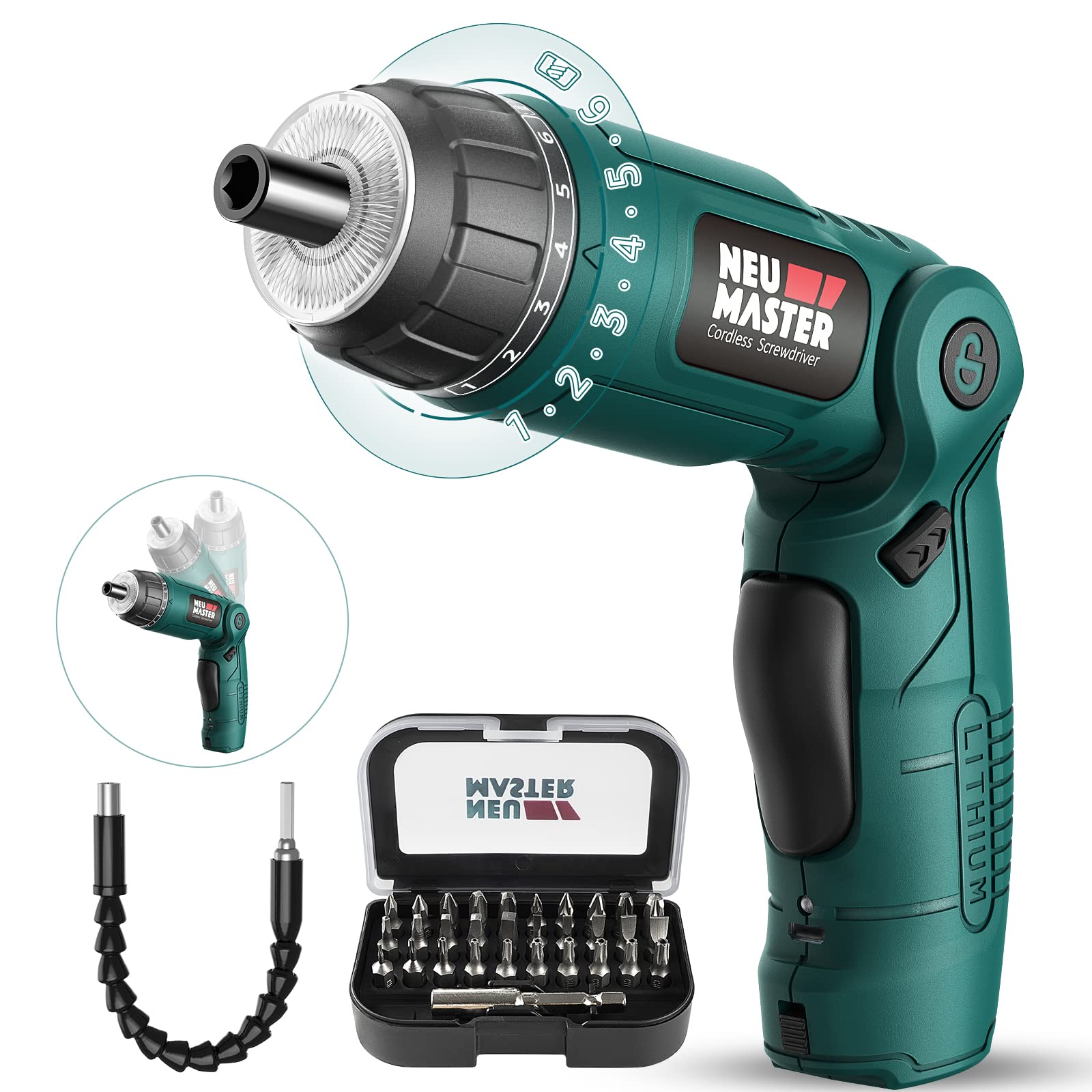 NEU MASTER cordless screwdriver pivoting handle for versatile grip during DIY tasks.