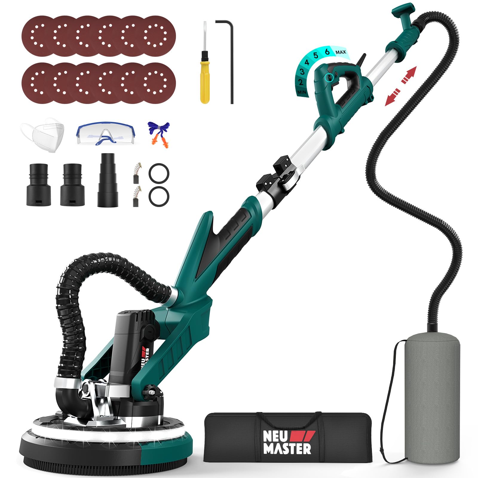 NEU MASTER drywall sander with 800W motor delivers strong sanding power.