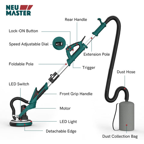 NEU MASTER sander vacuum attachment captures dust for cleaner work surfaces.