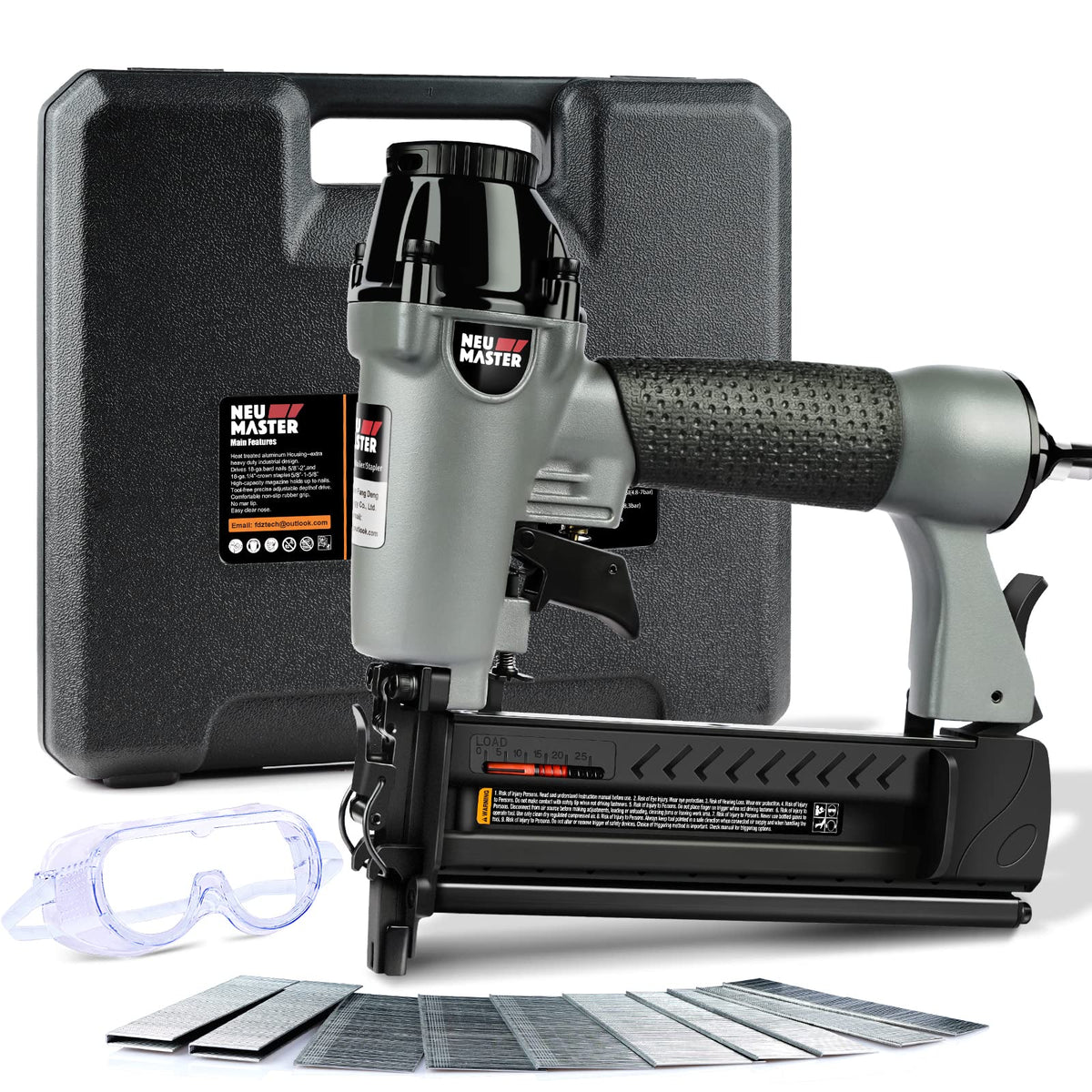 NEU MASTER pneumatic brad nailer with carrying case for portable on-site work.