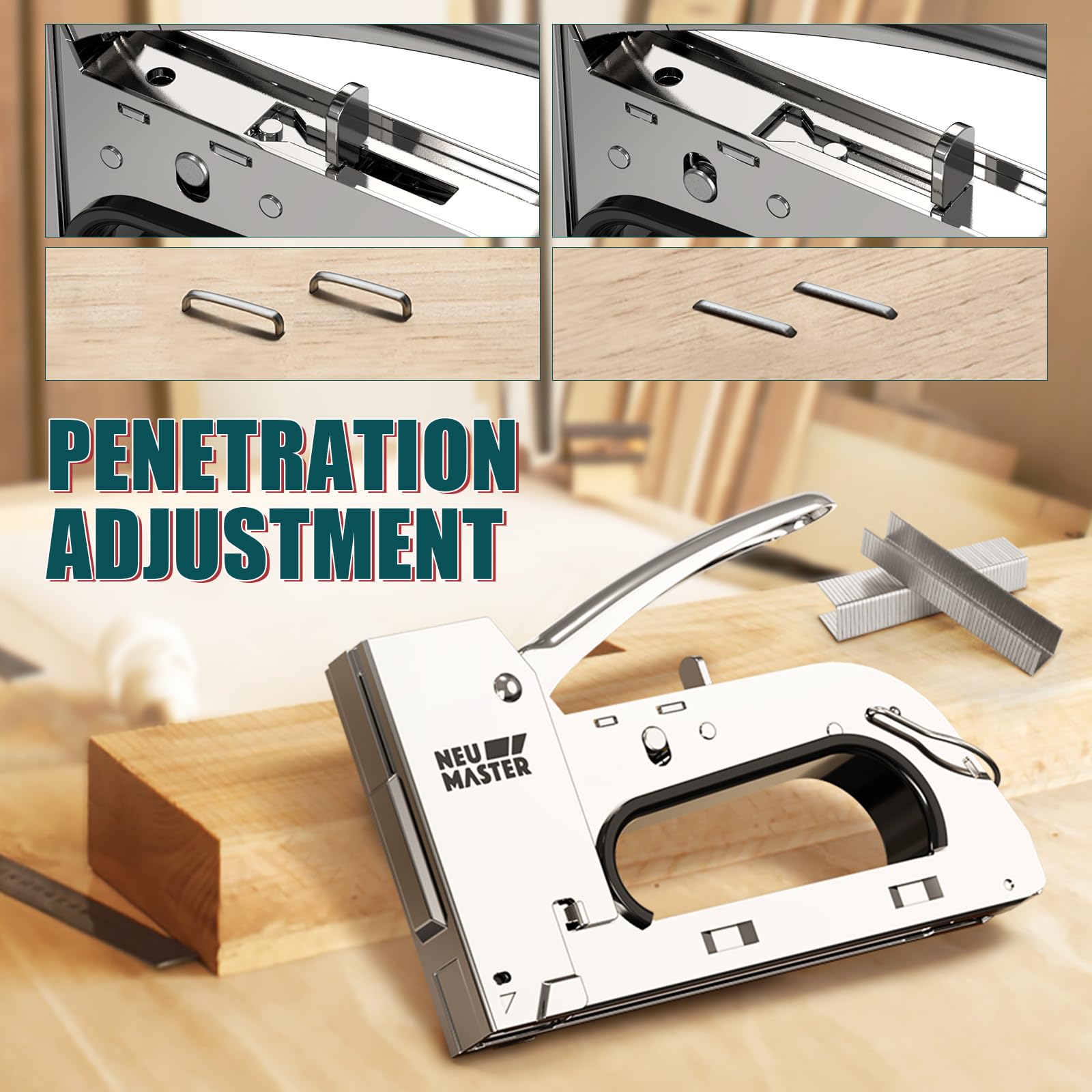 NEU MASTER staple gun with adjustable depth for precise penetration
