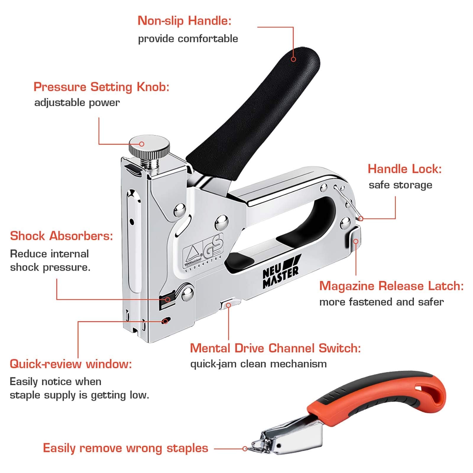 NEU MASTER staple gun with quick-jam clear for smooth operation.