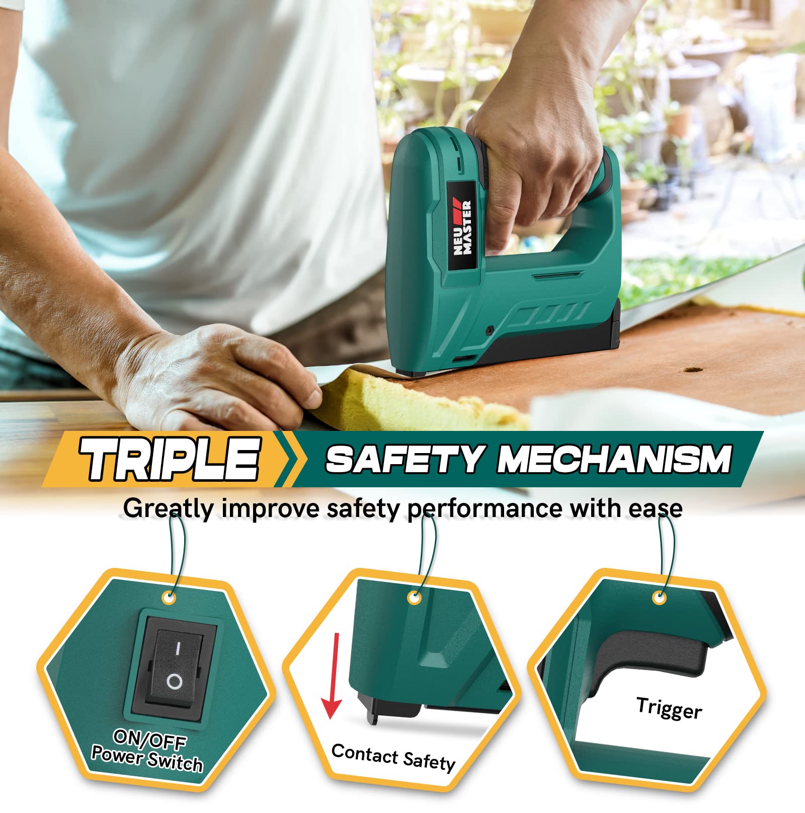 NEU MASTER cordless staple gun used on wood project for quick repairs and securing fabric.
