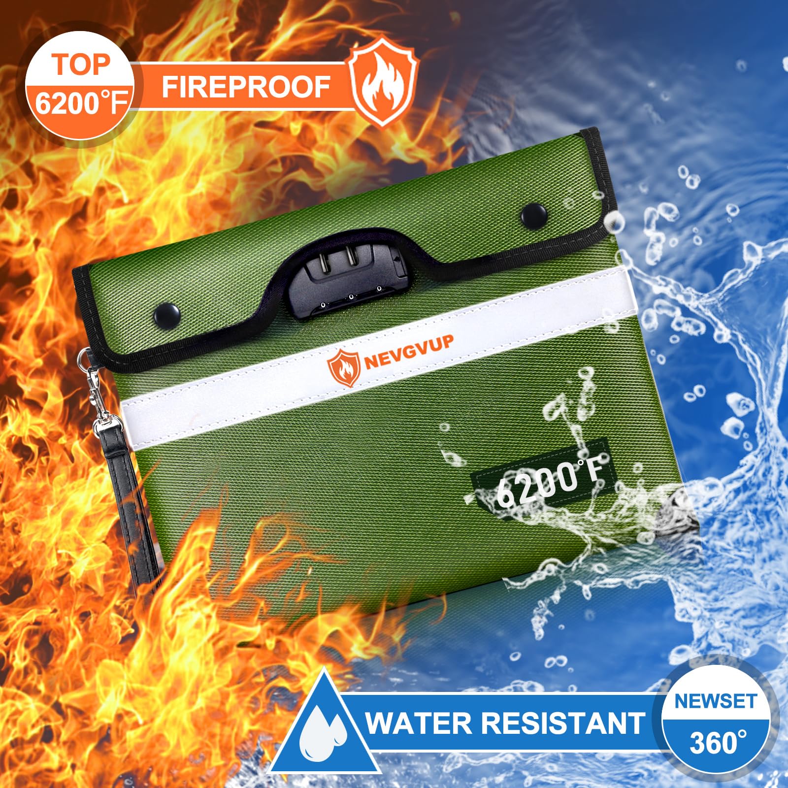 NEVGVUP fireproof bag with velcro flap and metal snaps for reliable closure
