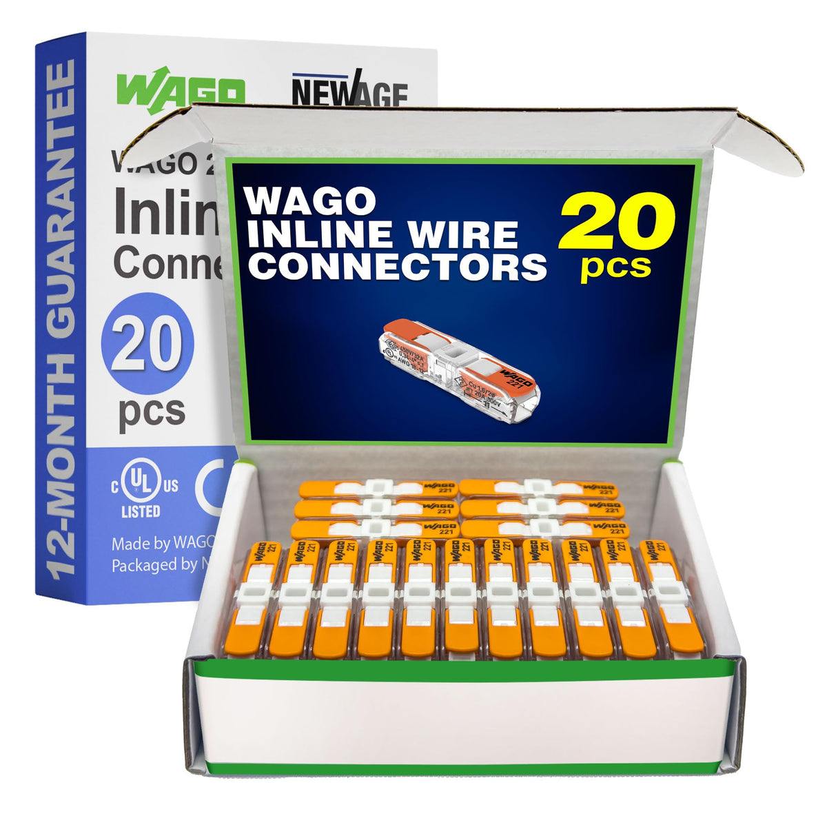 New Age America WAGO 221-2401 inline connector case keeps parts organized.