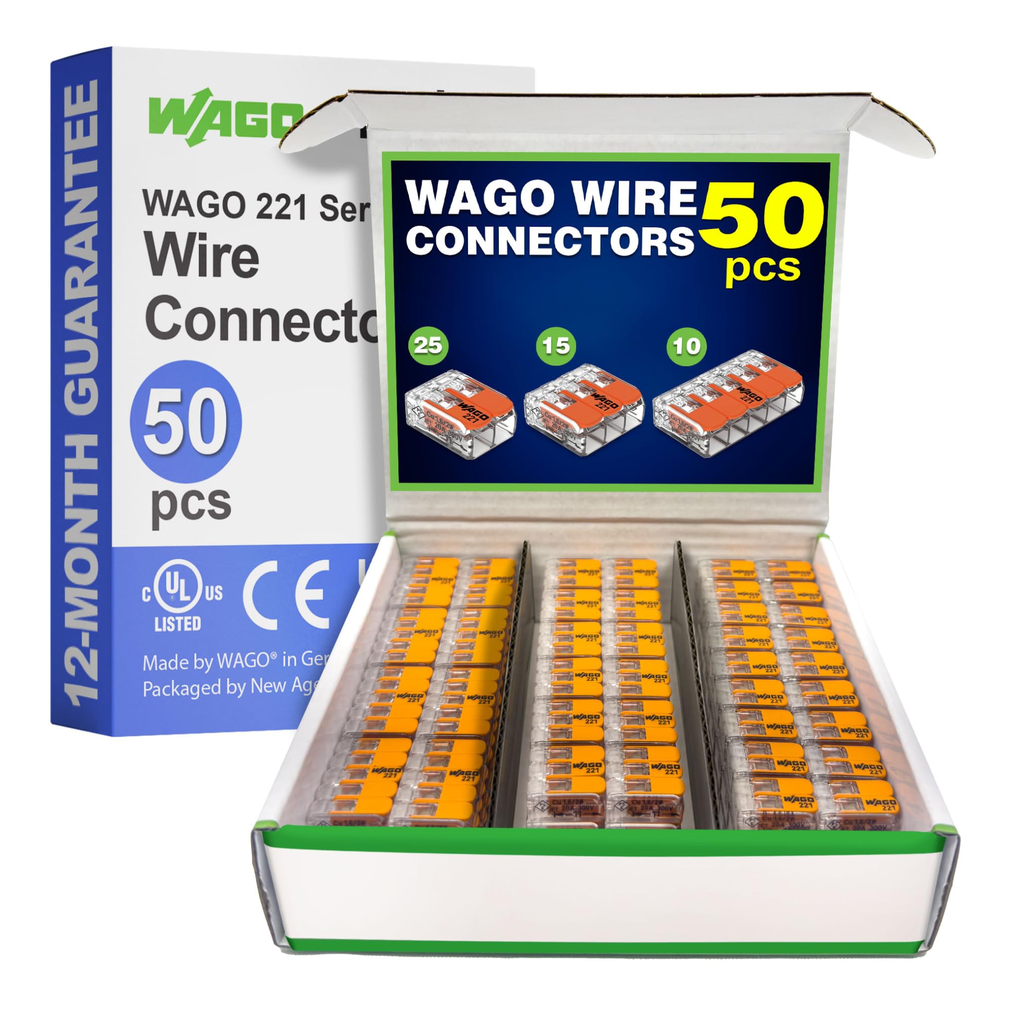 New Age America WAGO 221-412 closeup for fast, tool-free wire splicing.