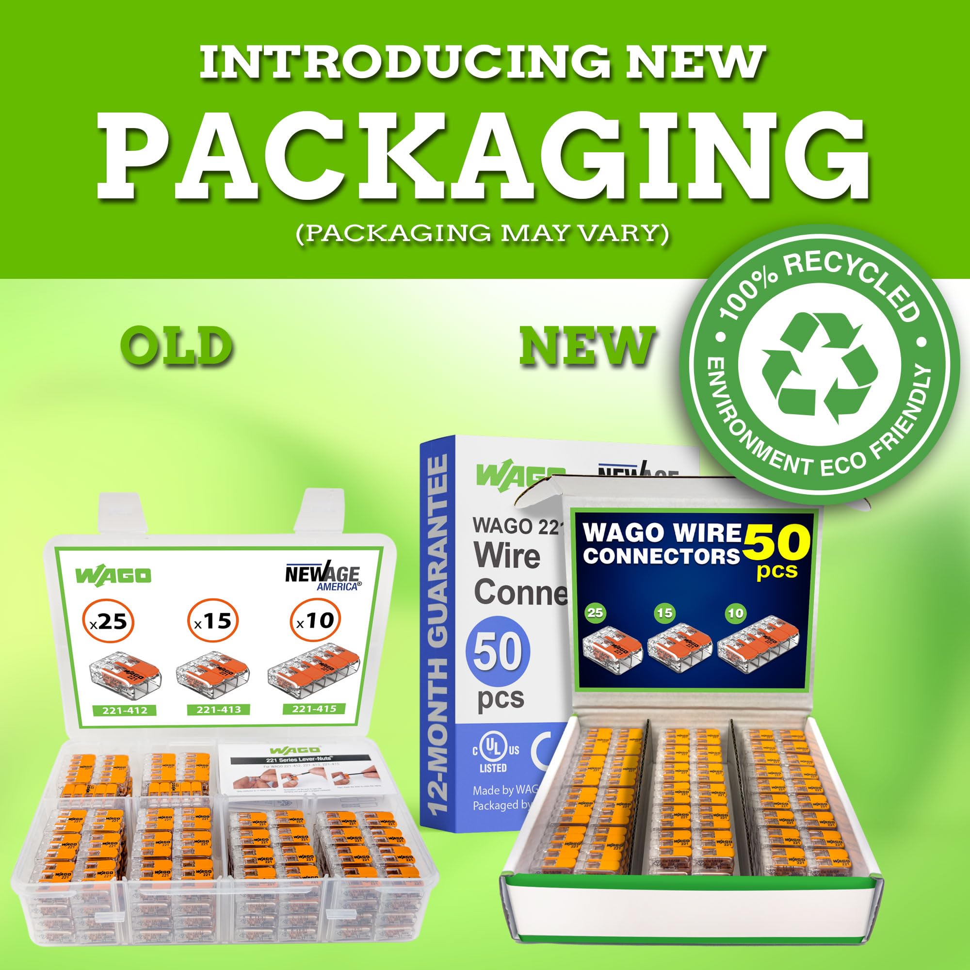 New Age America WAGO 221-series lever nuts open for easy insertion.
