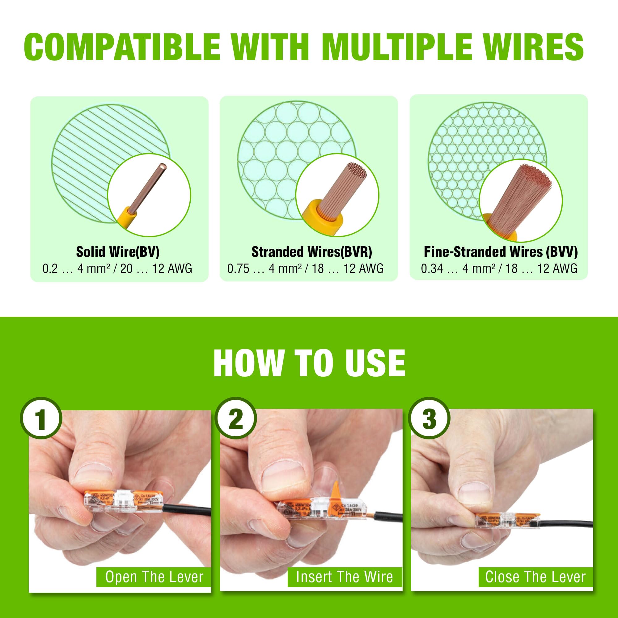 WAGO 221-series wires compatibility with solid, stranded, and flexible copper