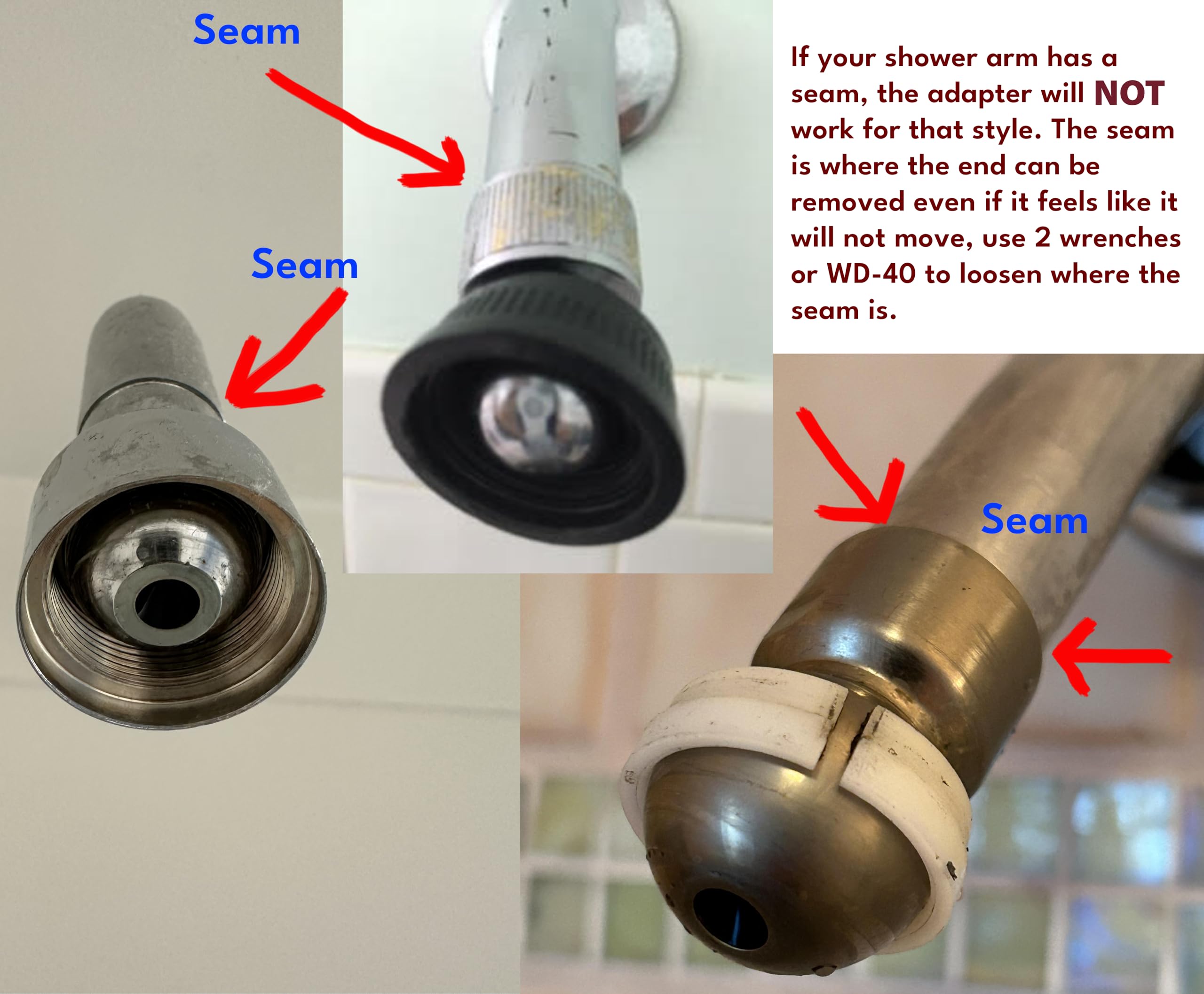 Closeup of adapters threading compatibility with 1/2-inch shower heads.