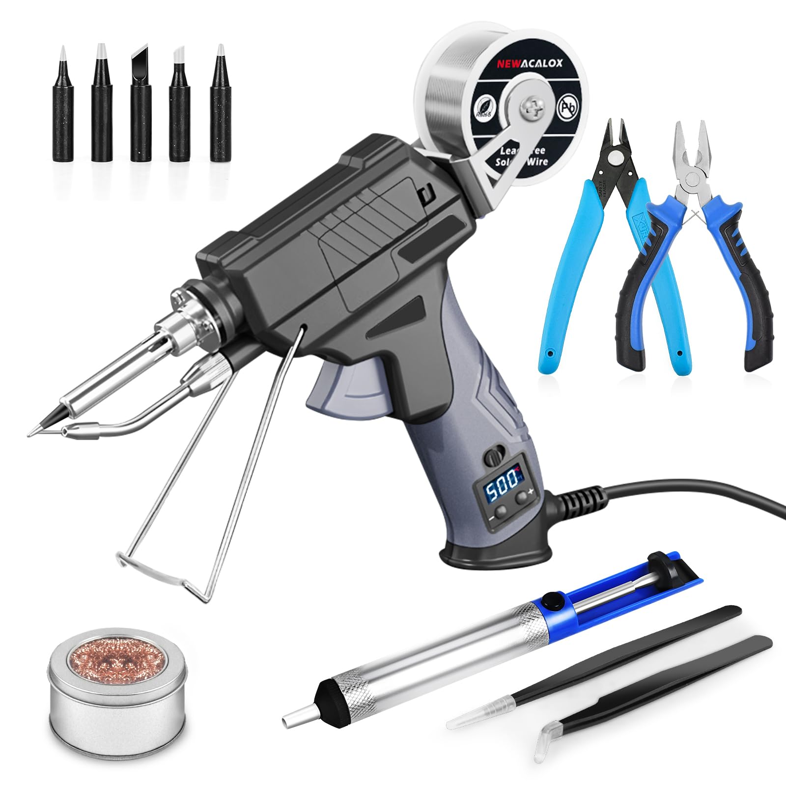 NewacaloX auto-feed soldering iron front view showing steady grip and precision control