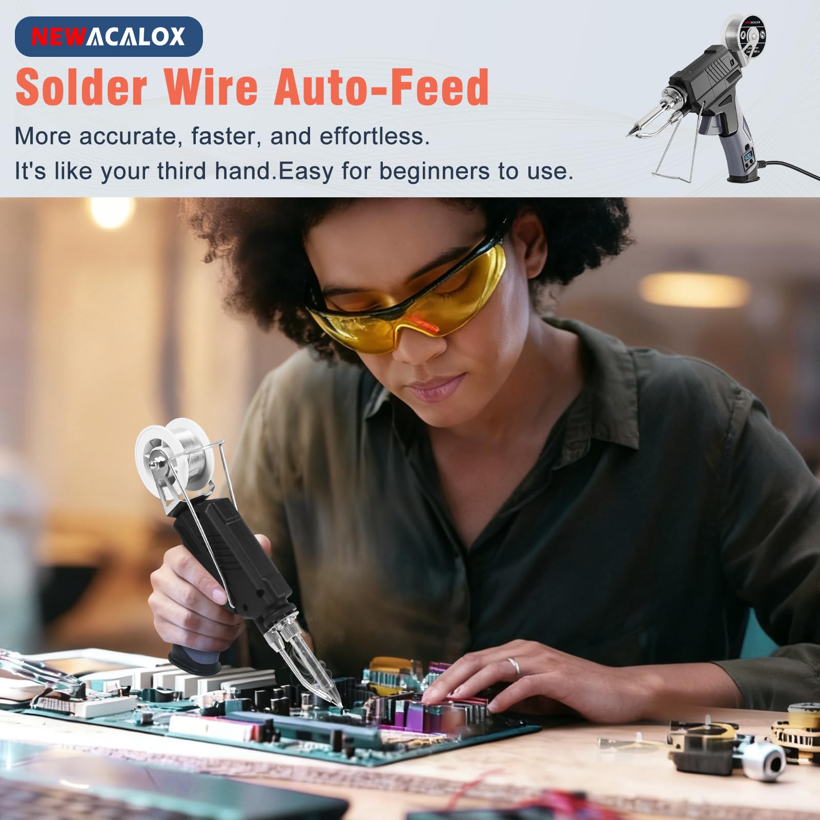NewacaloX auto-feed soldering iron LCD display highlights temperature accuracy for delicate joints