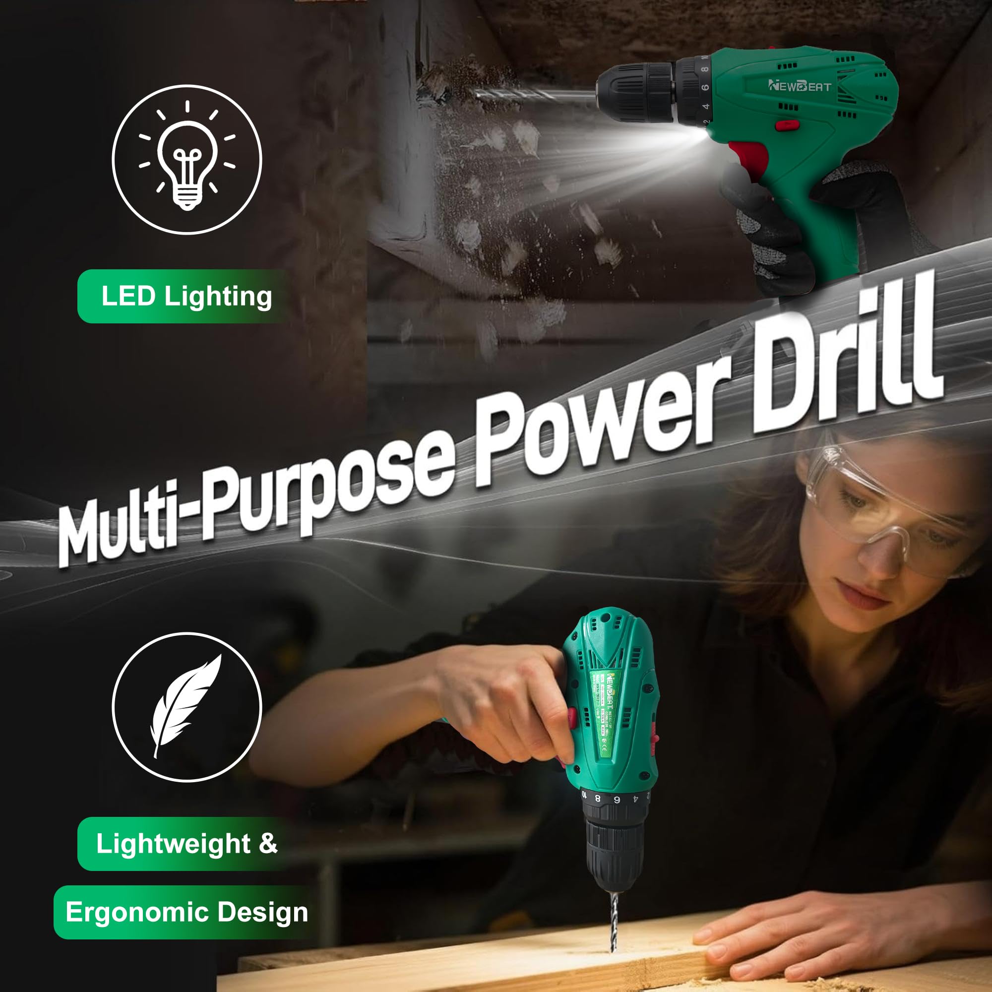 NEWBEAT cordless drill set 18+1 torque settings provide precise control