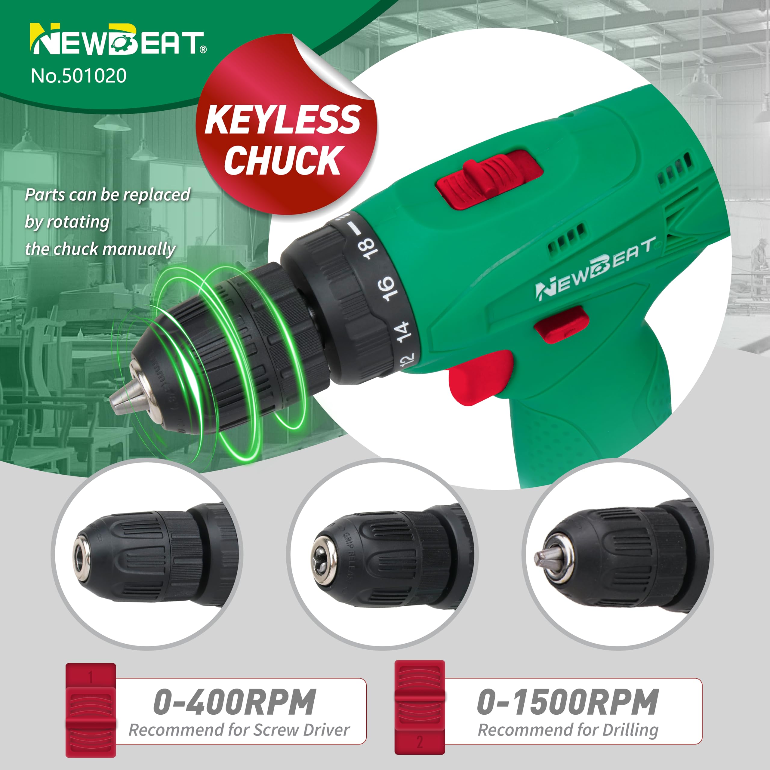 NEWBEAT cordless drill set 3/8-inch chuck accepts a wide bit range