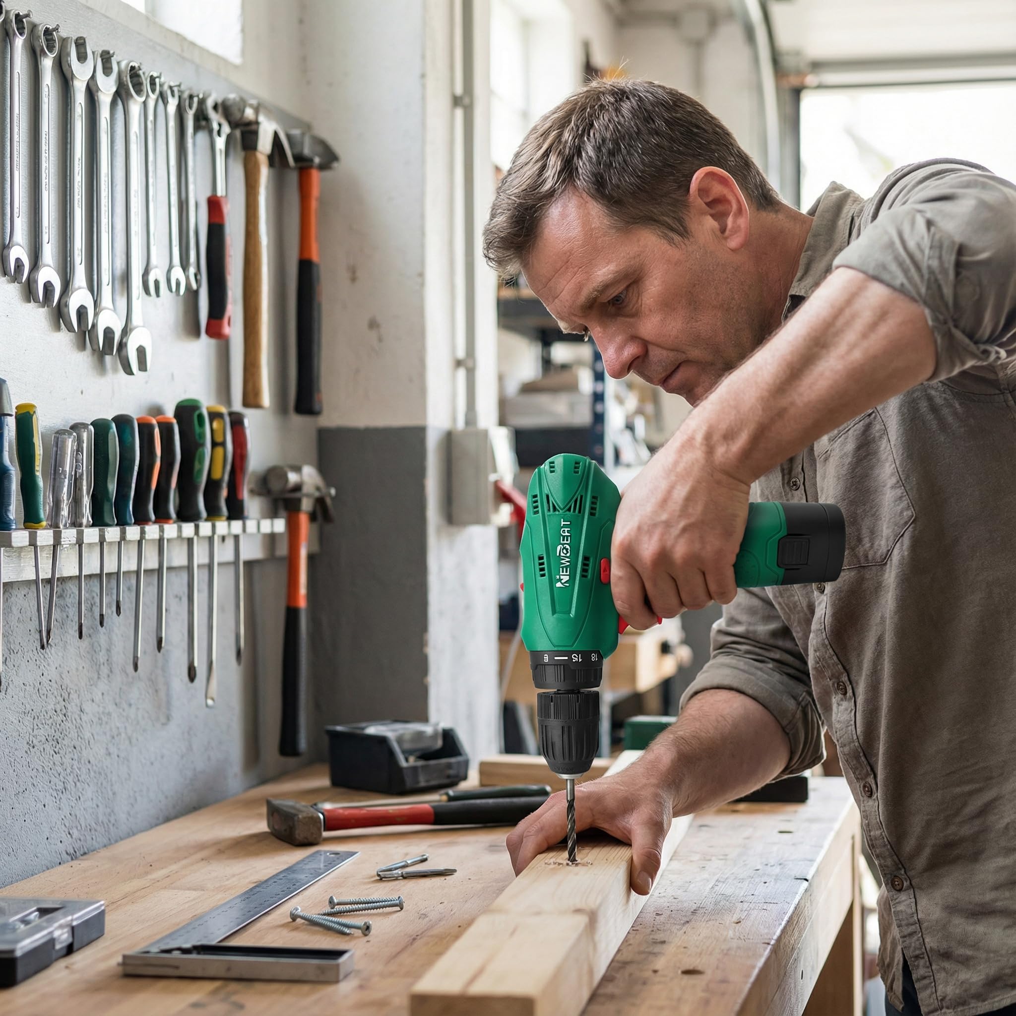 NEWBEAT cordless drill set includes bits and sockets for versatile projects