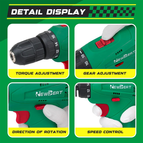 NEWBEAT cordless drill set LED light improves visibility in tight spaces
