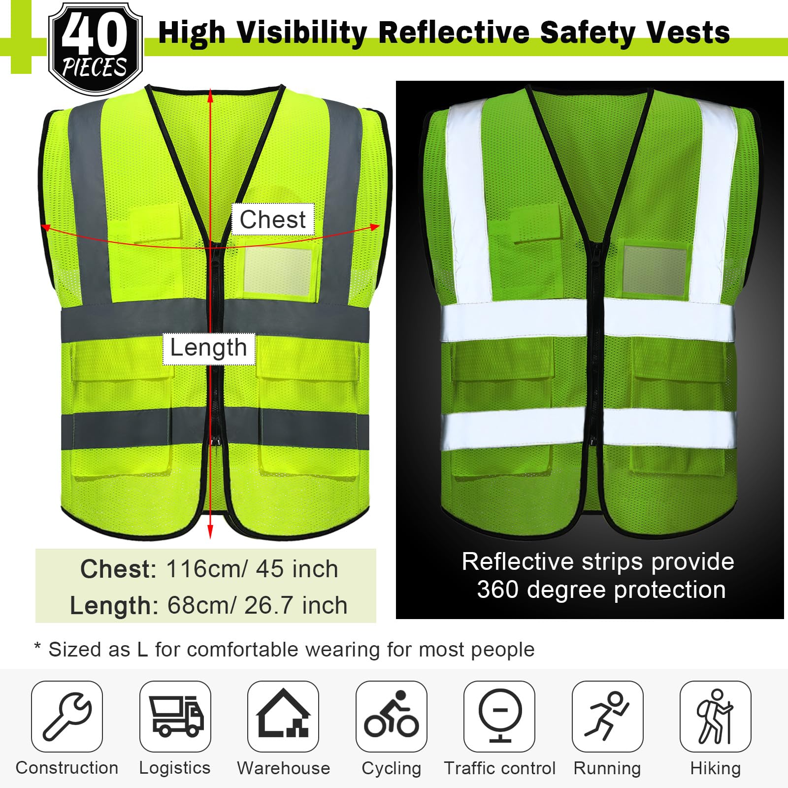 Newcotte 40-pack safety vest back view with reflective strips for 360-degree visibility