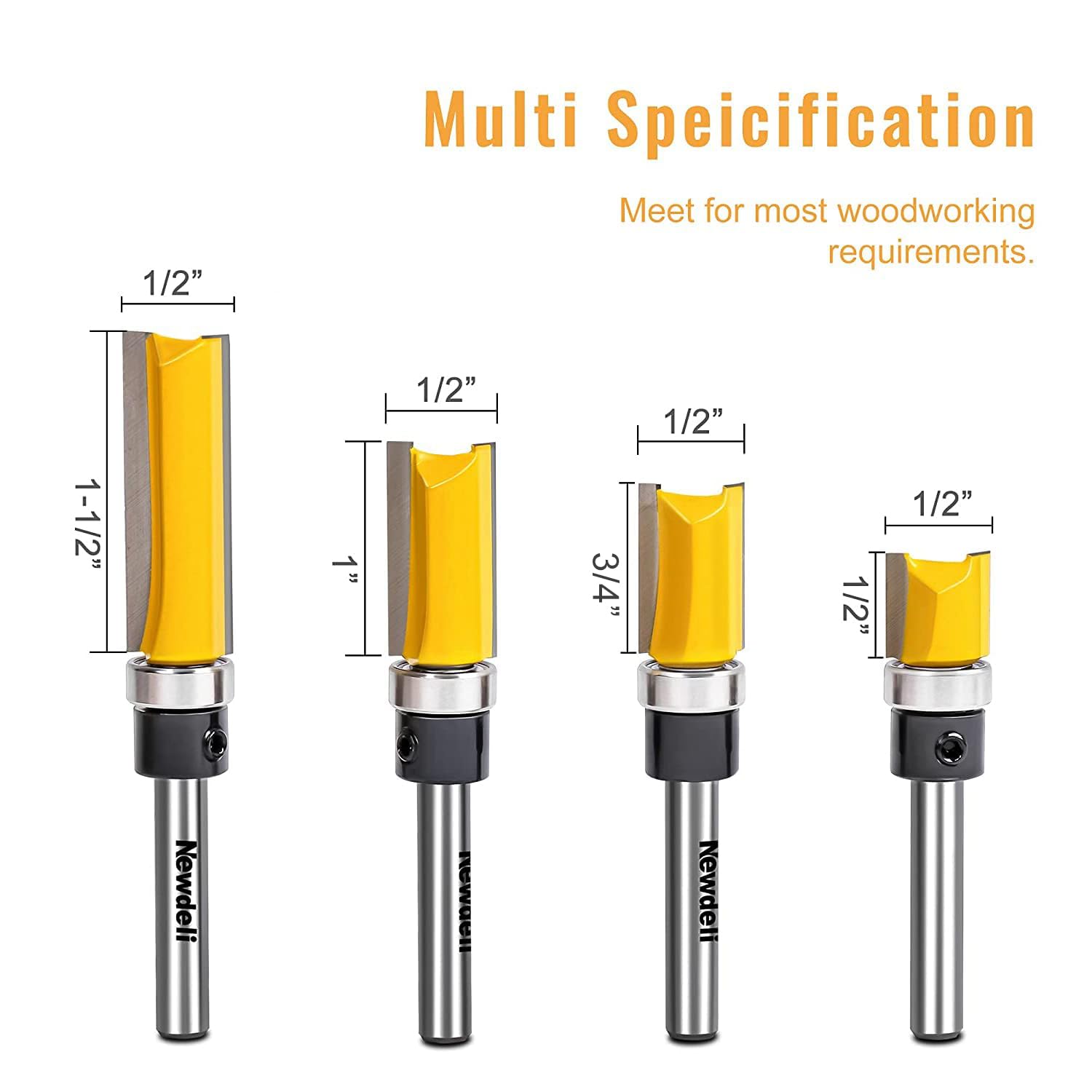 Newdeli bearing flush trim router bit close-up showing precise cutting edge