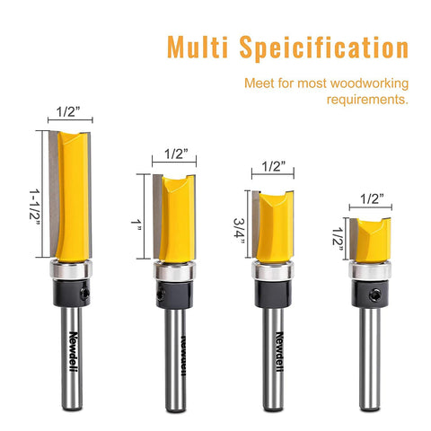Newdeli bearing flush trim router bit close-up showing precise cutting edge