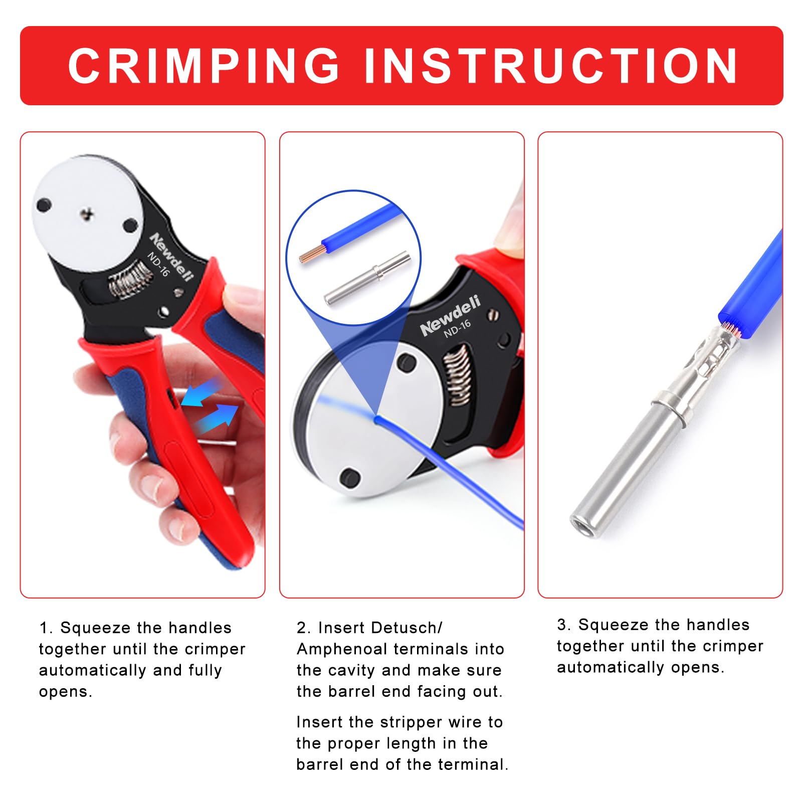 Newdeli Deutsch crimp tool 14-18awg crimp area delivers tight, reliable closed-barrel connections.