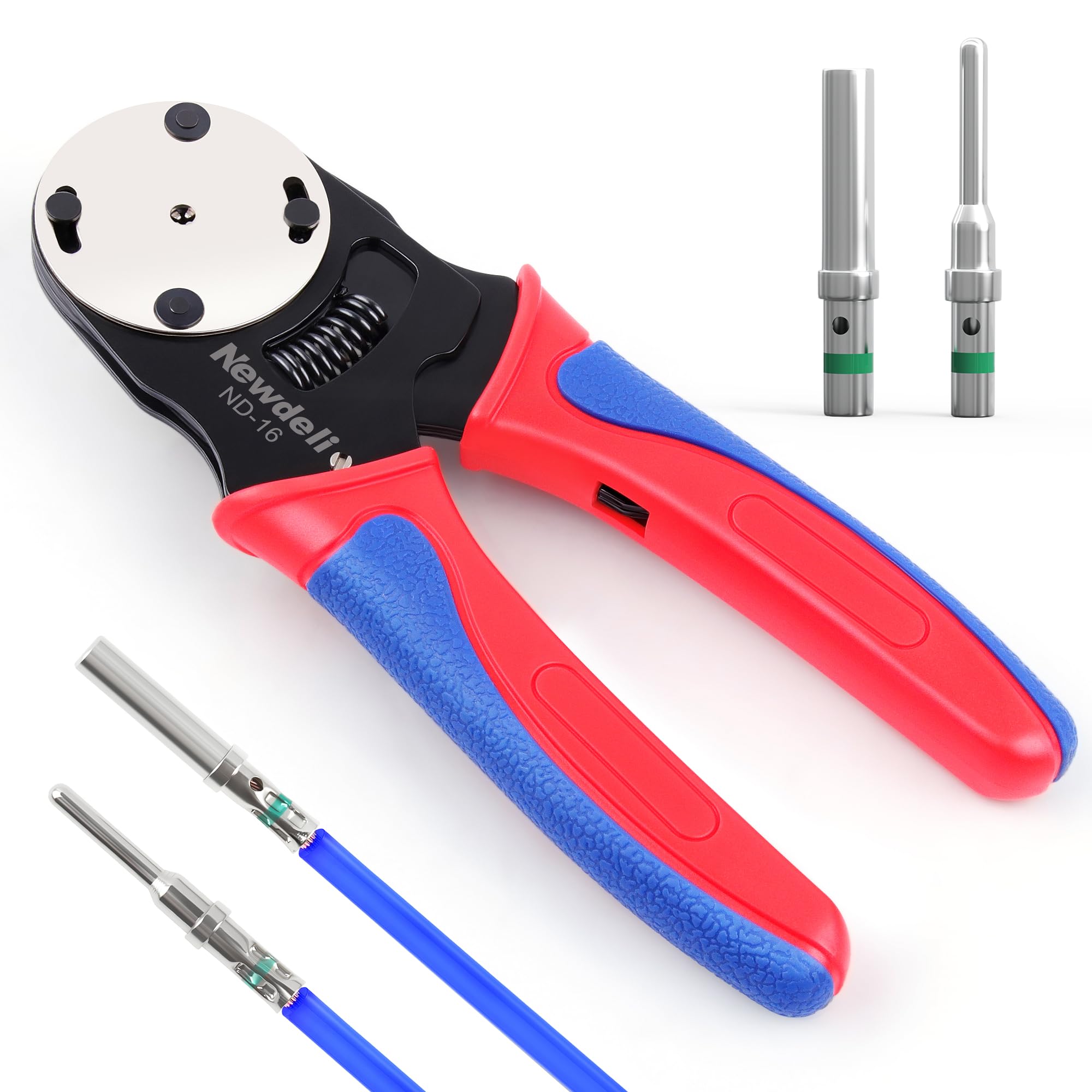 Newdeli Deutsch crimp tool full view shows robust construction for reliable field crimping.