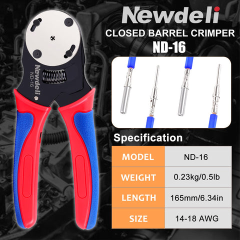 Newdeli Deutsch crimp tool jaw closeup highlights precision indentations for secure connections.