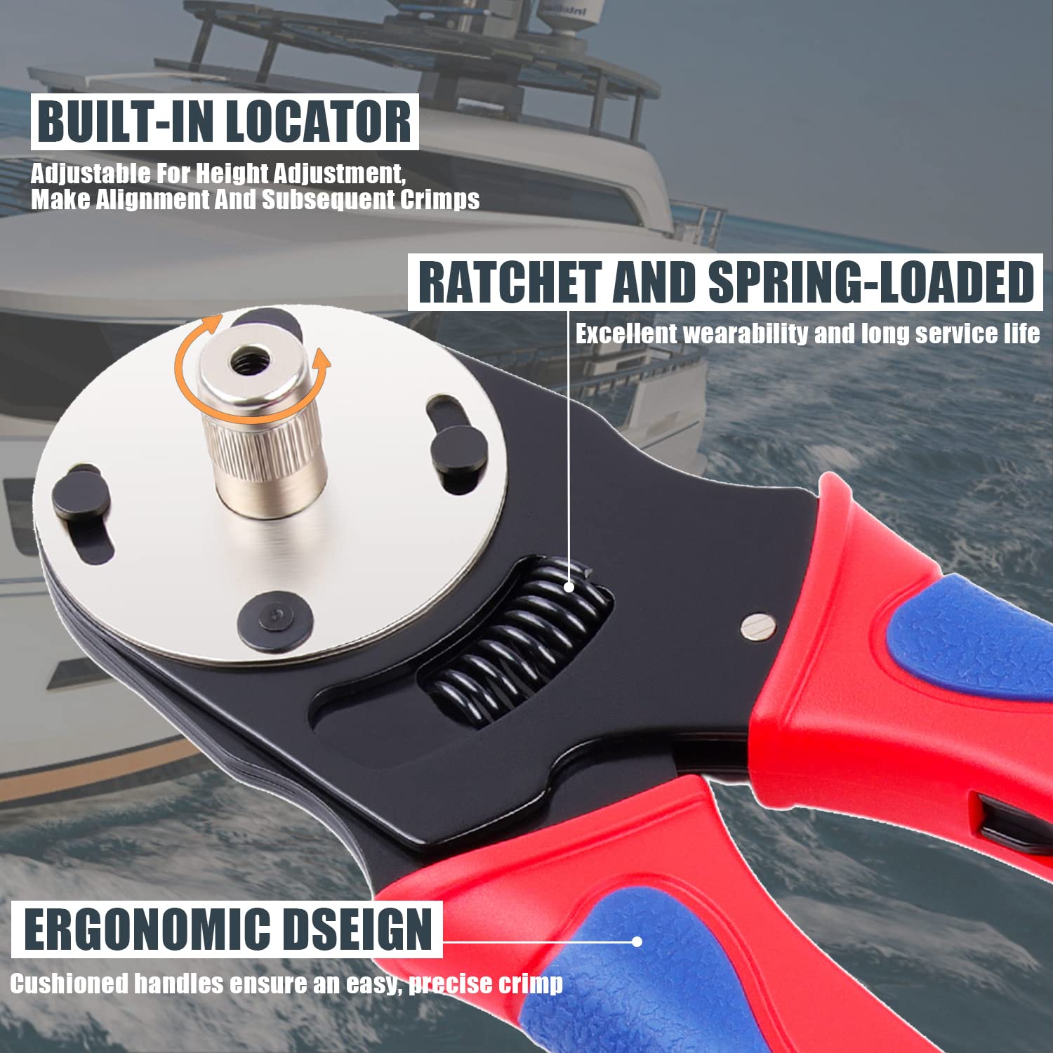 Newdeli Deutsch crimp tool ratcheting action ensures consistent crimps every cycle.