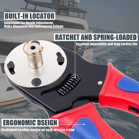 Newdeli Deutsch crimp tool ratcheting action ensures consistent crimps every cycle.