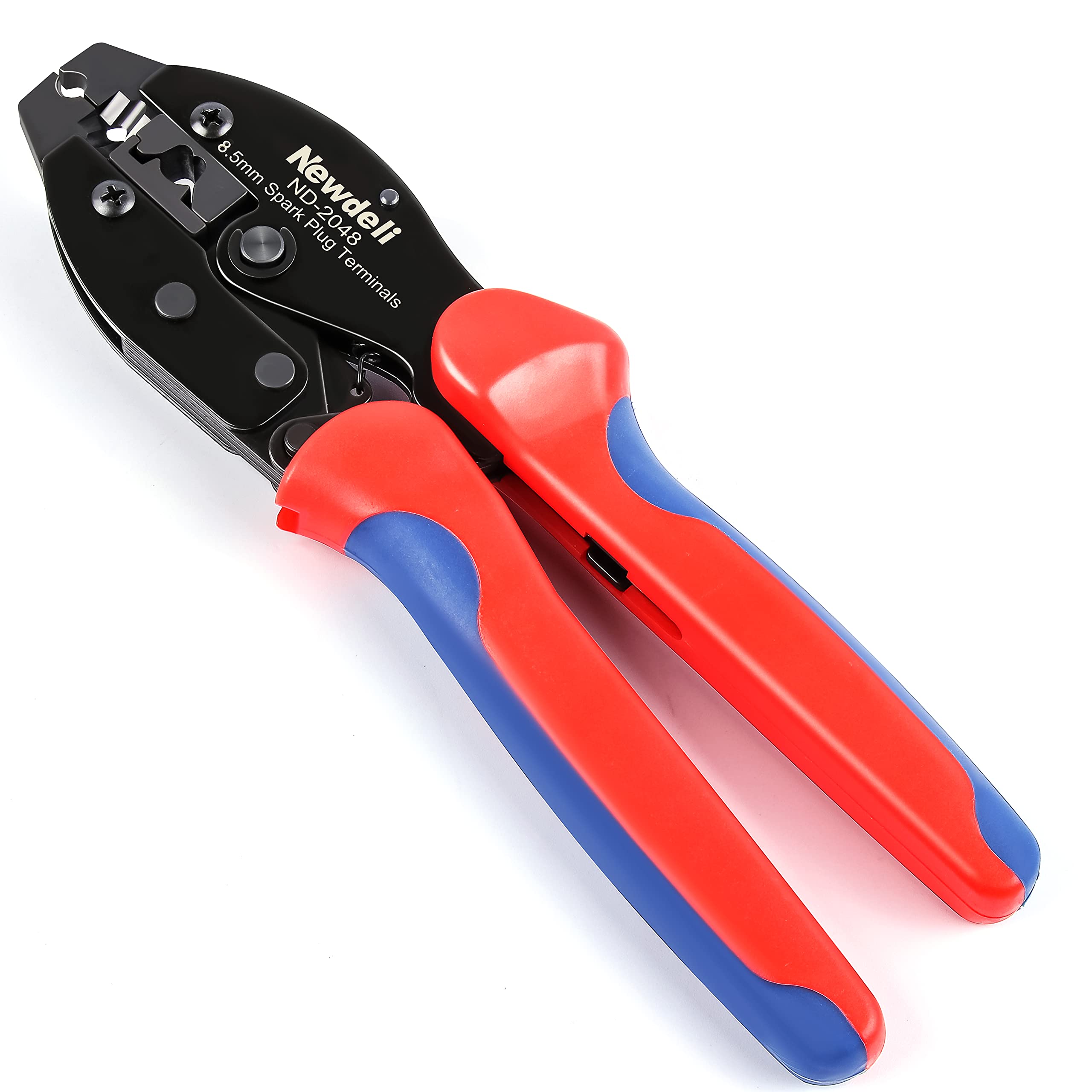 Newdeli ND-2048 in-action crimping for 8.0-8.5 mm spark plug wires, precise results.