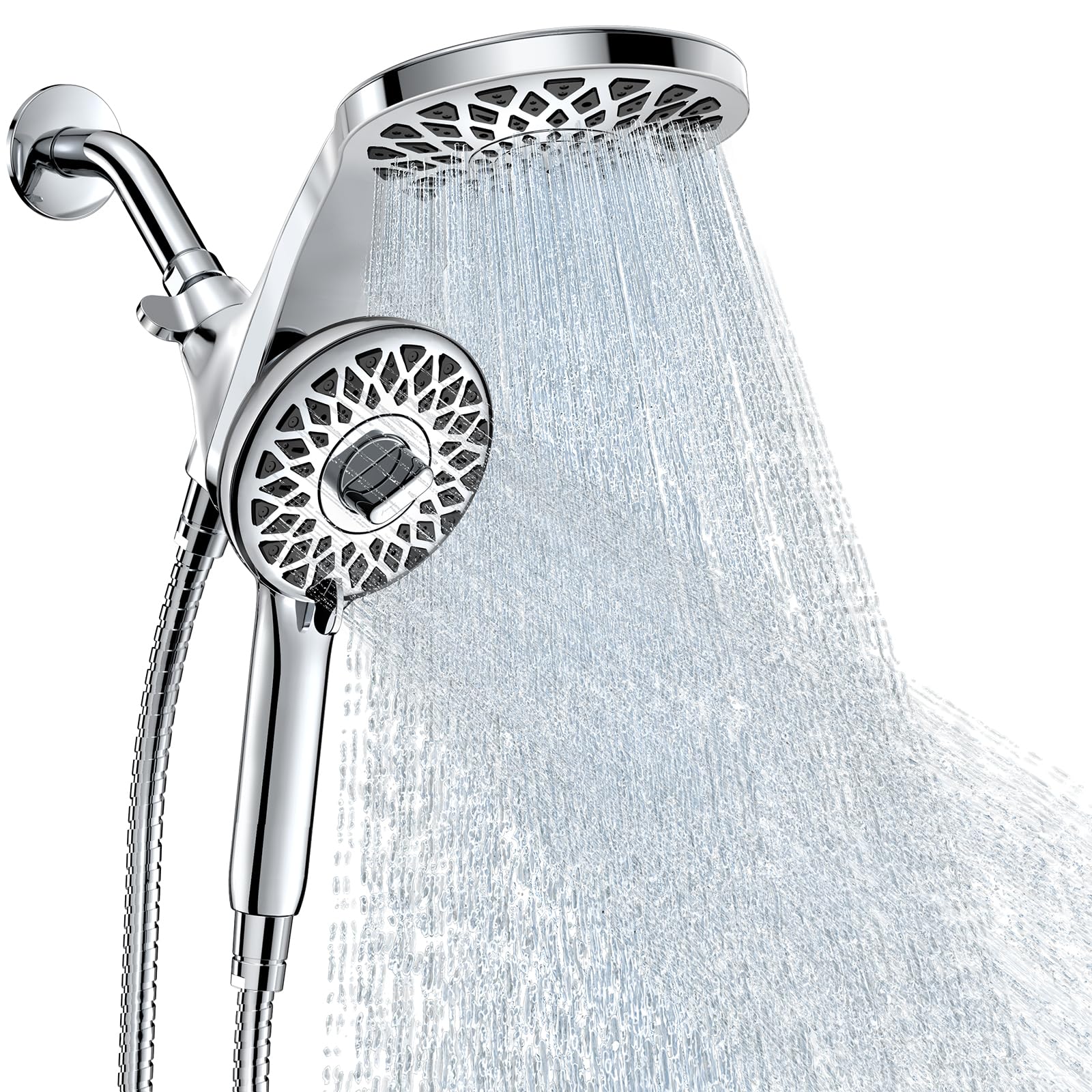 Newfinde dual shower head with magnetic dock for stable, one-handed use.