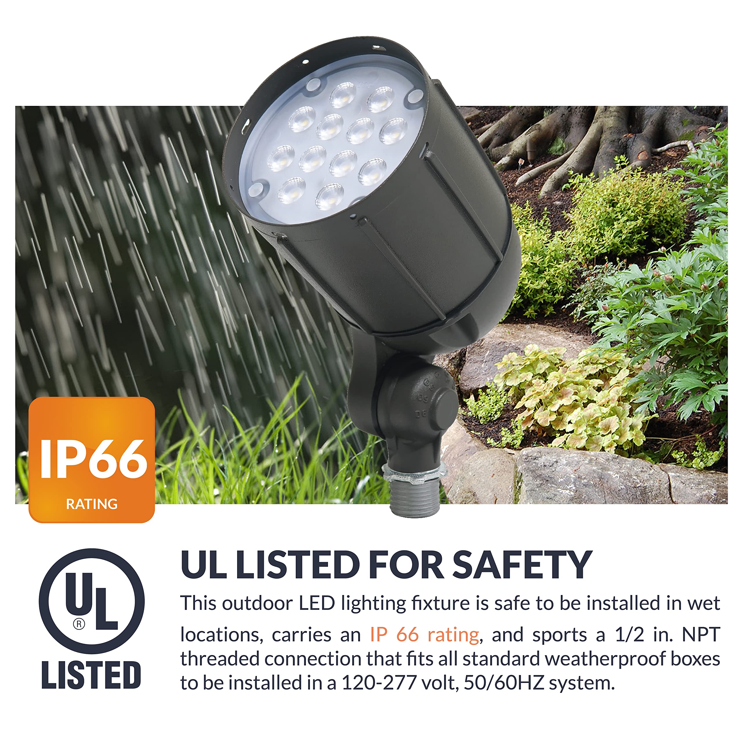 Newhouse Lighting 12W bronze flood light in a backyard landscape setting
