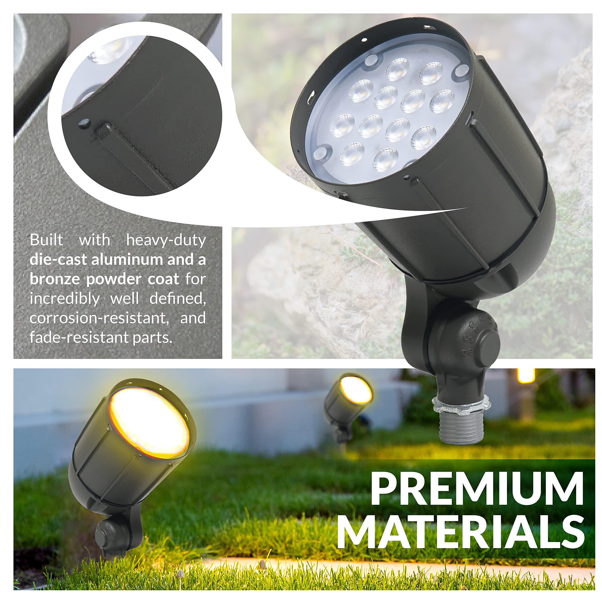 Newhouse Lighting 12W bronze flood light on garden path showing durable aluminum housing
