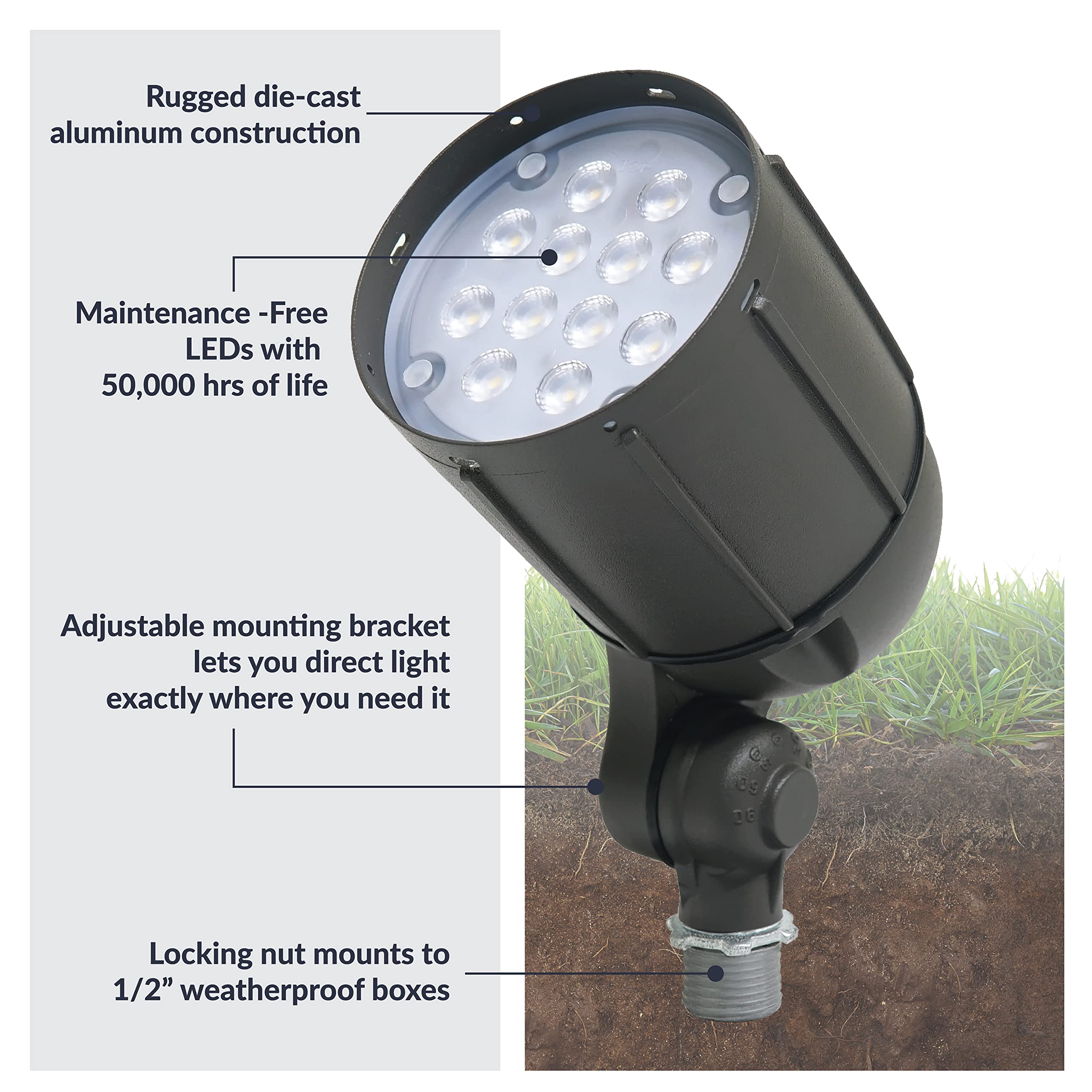 Newhouse Lighting 12W bronze flood light shining on palm trees for landscape enhancement