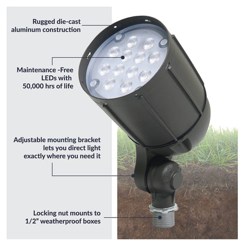 Newhouse Lighting 12W bronze flood light shining on palm trees for landscape enhancement