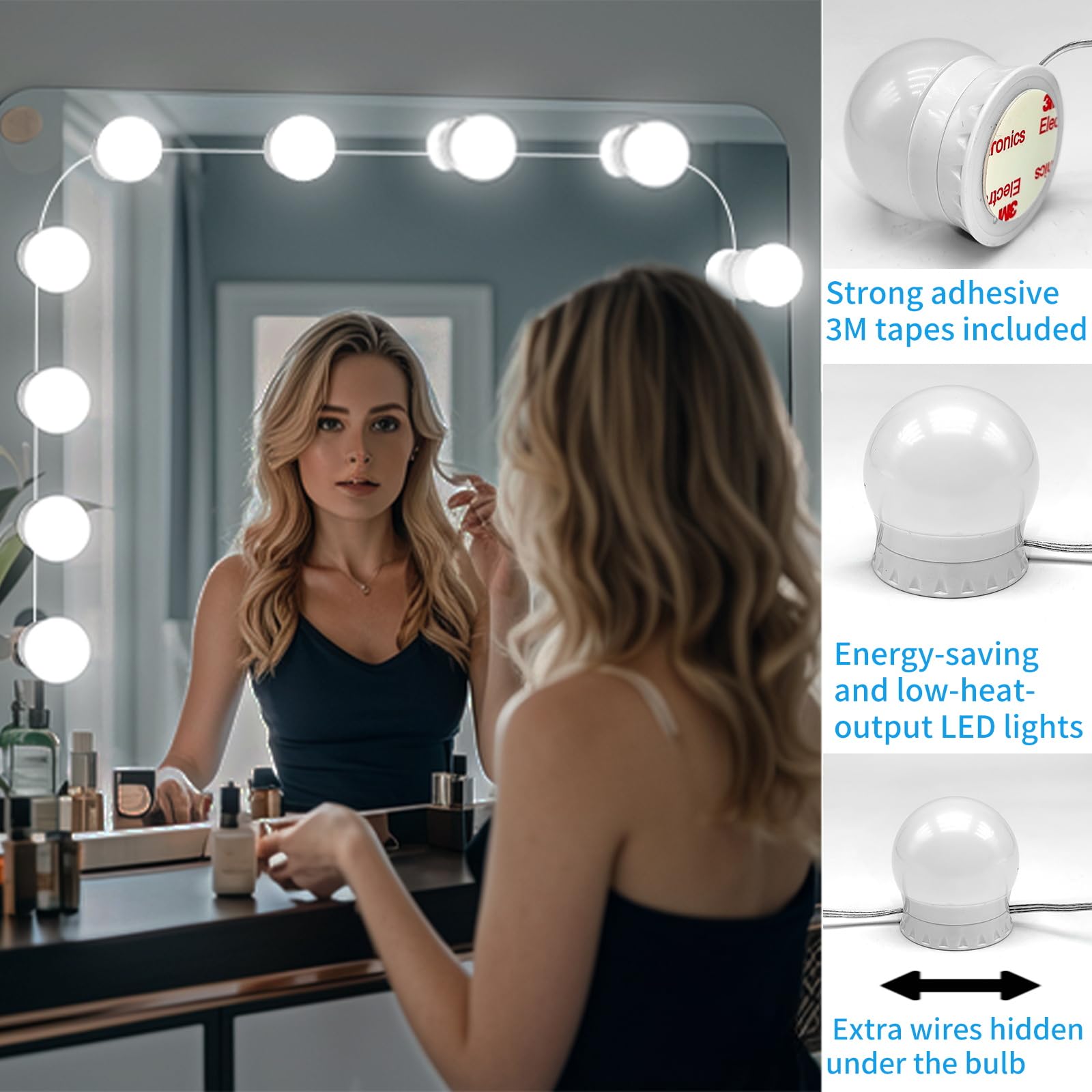 NEWKAZ lights with adjustable spacing to fit any mirror.