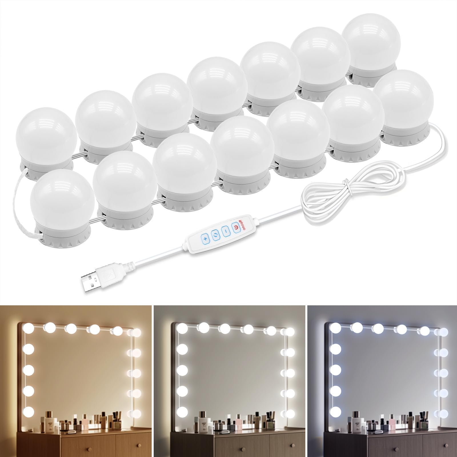 NEWKAZ LED vanity lights with 14 bulbs for precise makeup illumination.