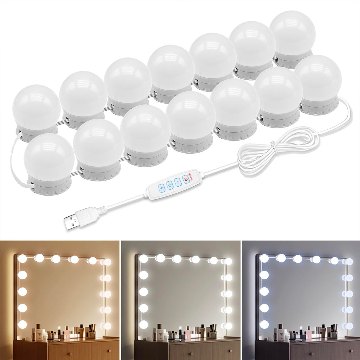 NEWKAZ LED vanity lights with 14 bulbs for precise makeup illumination.