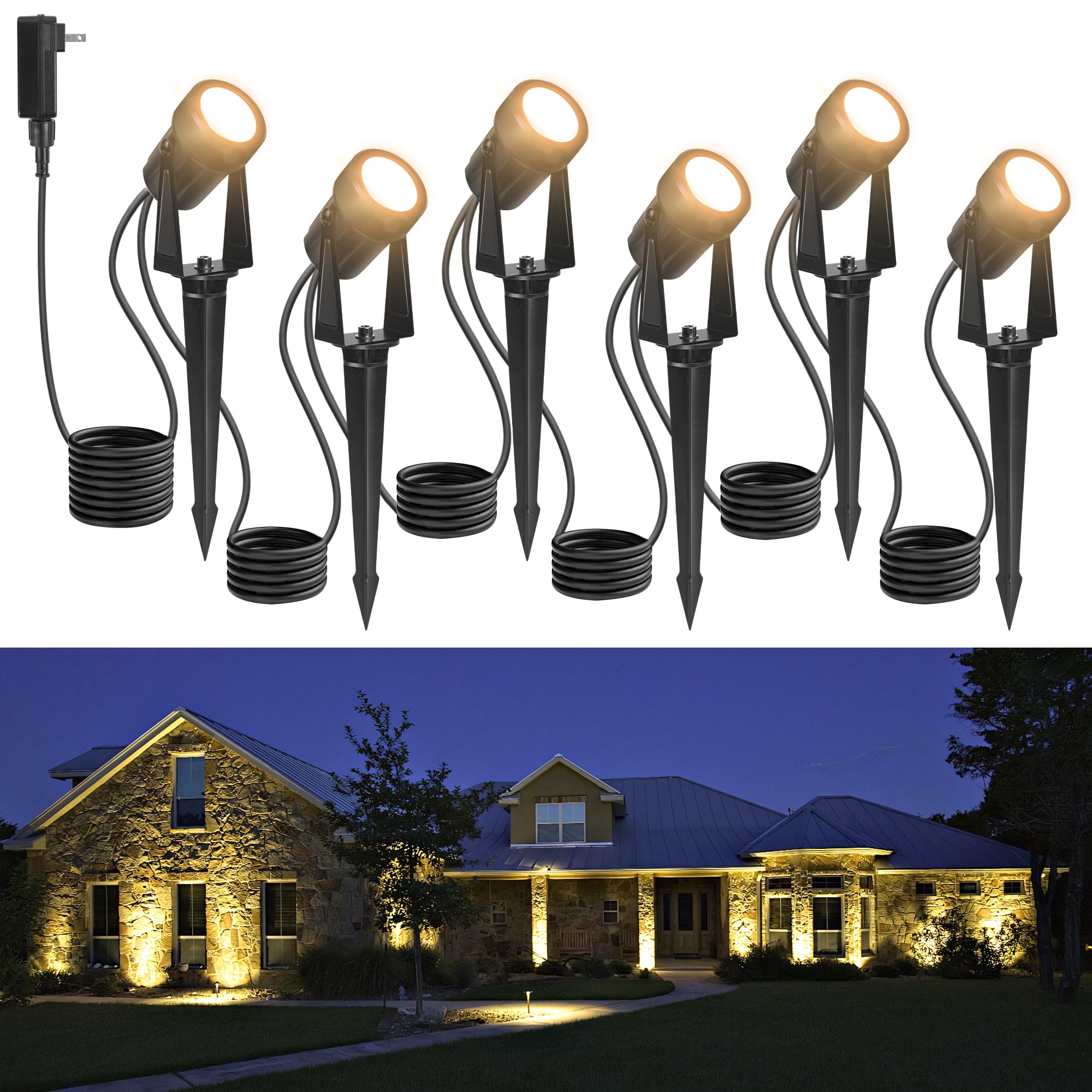 NEWKAZ outdoor landscape lights with 65ft wire illuminate yards evenly and efficiently.